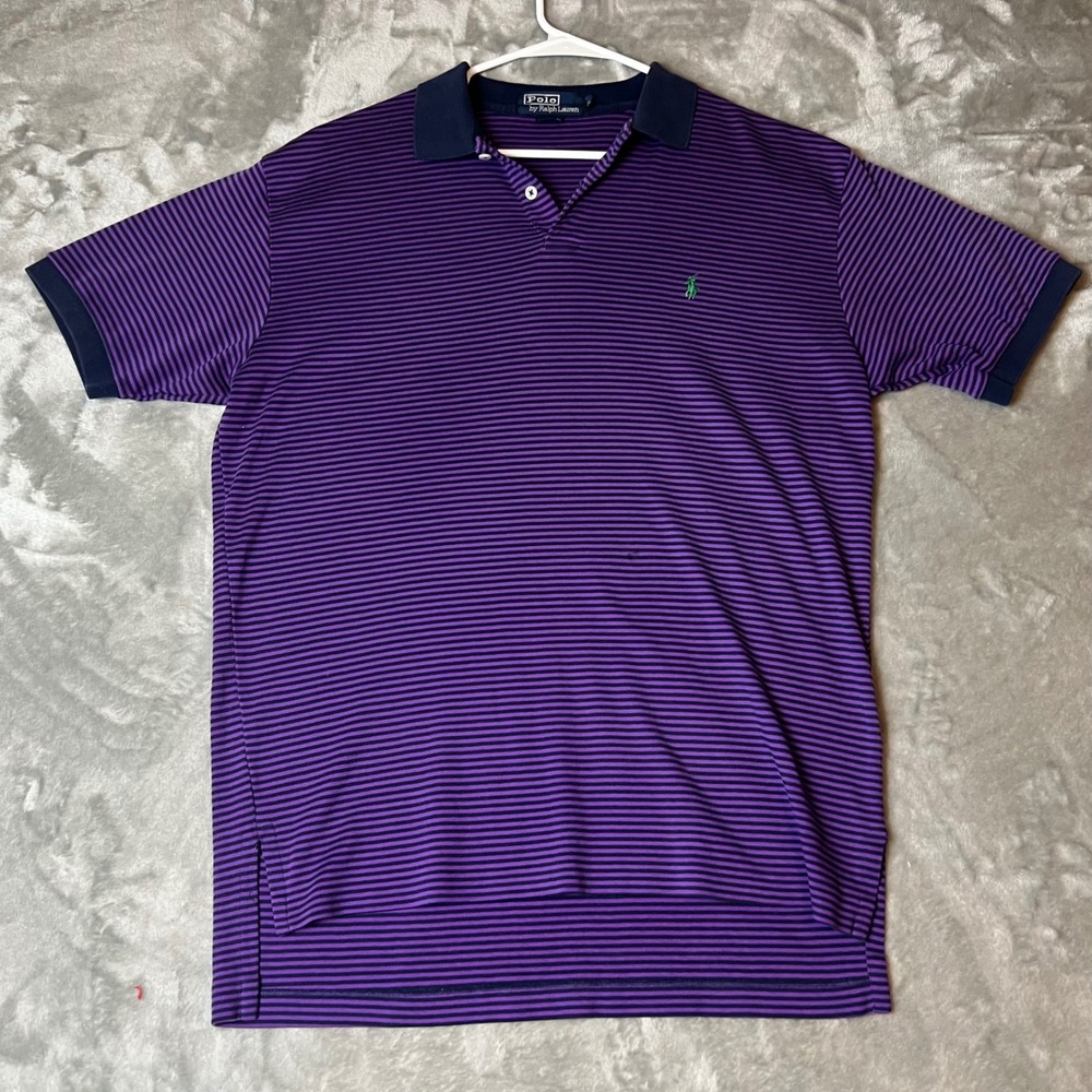 VTG Polo Ralph Lauren Mens Striped Polo Shirt Purple Navy Size Medium
